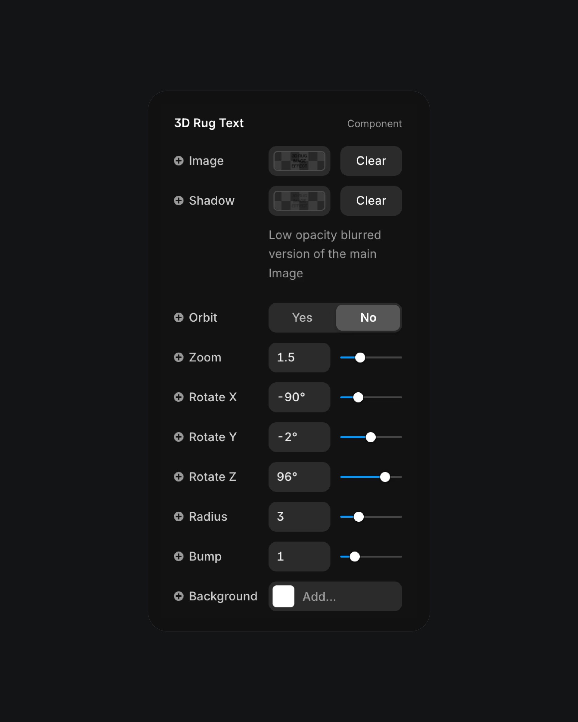 3D Rug Text component settings panel with rotation and zoom controls in Framer