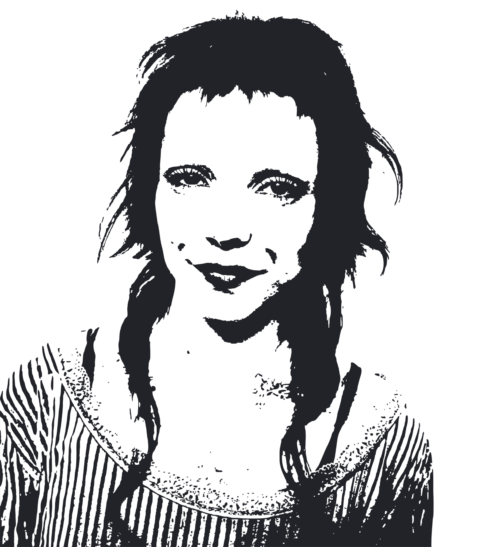 The image features a high-contrast, black and white illustration of a hair client, creating a dramatic and artistic effect.