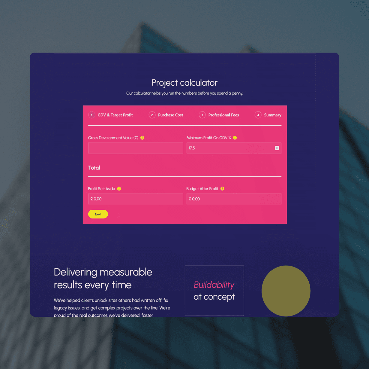 Project calculator with fields for gross development, purchase cost, and professional fees.