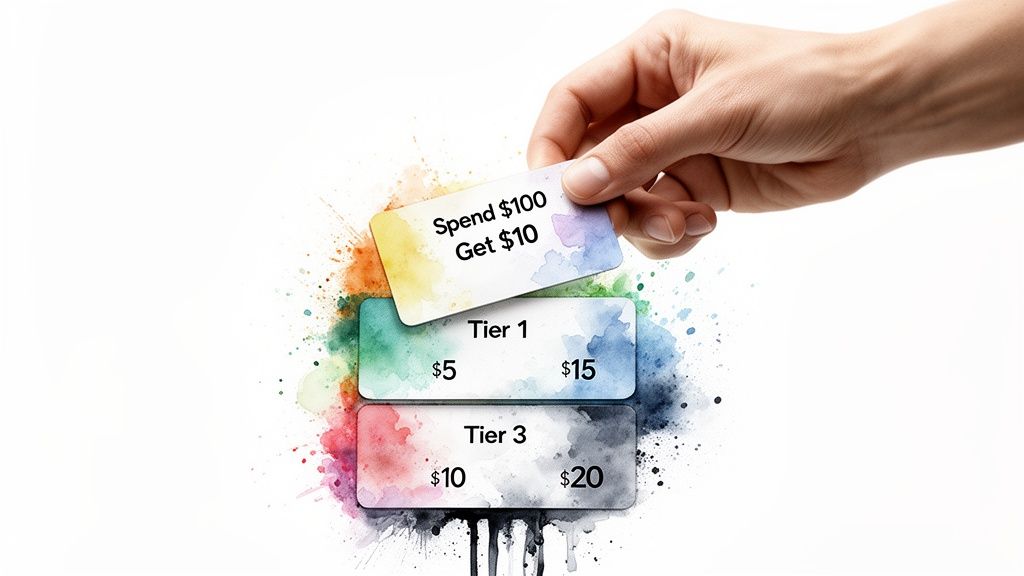 Hand holding a 'Spend $100 Get $10' card above loyalty tiers showing various cash rewards.
