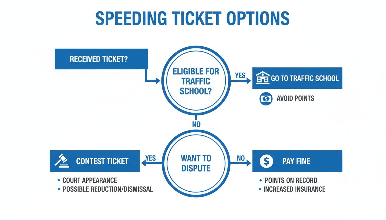 A flowchart illustrating options for handling a speeding ticket, including traffic school, contesting, or paying the fine.