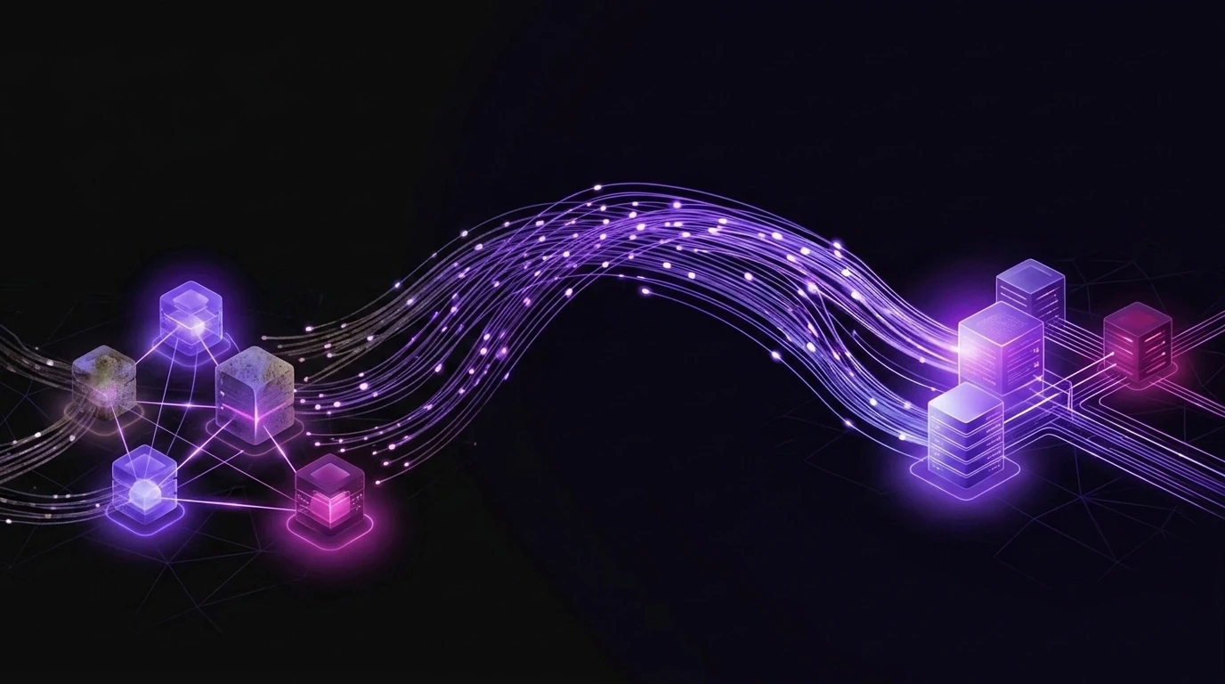 a graphic of flowing data with a purple hue