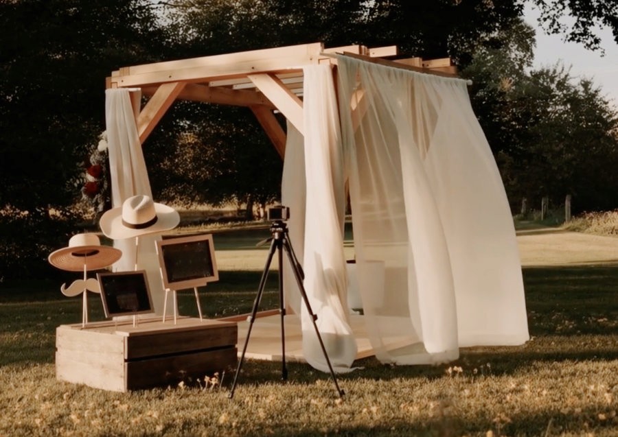 Open-air photo booth setup at an Ontario wedding reception