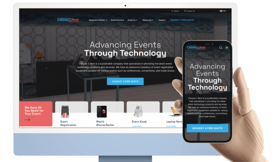 Pantalla de inicio del website de Choose2Rent, tanto en su versión desktop como mobile