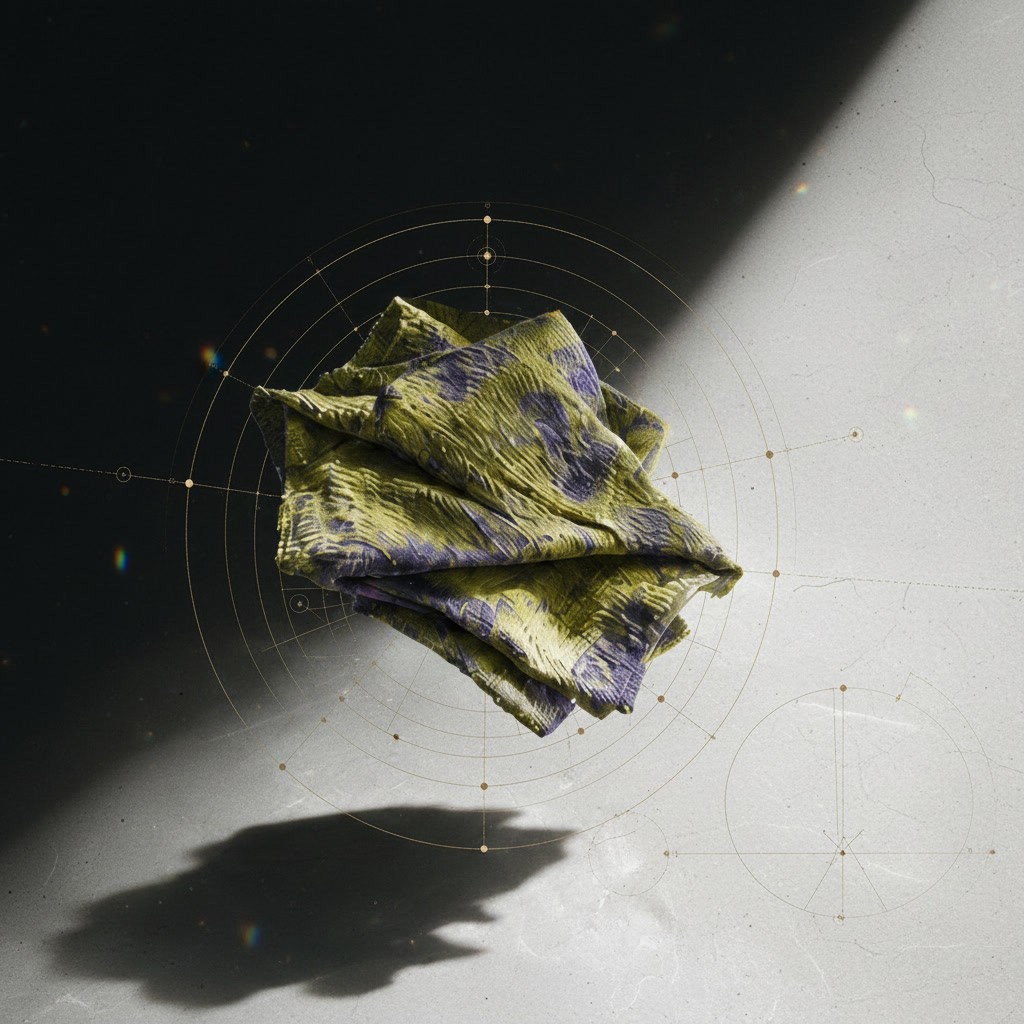 Folded Signal Textile woven in chartreuse, olive and violet wool.