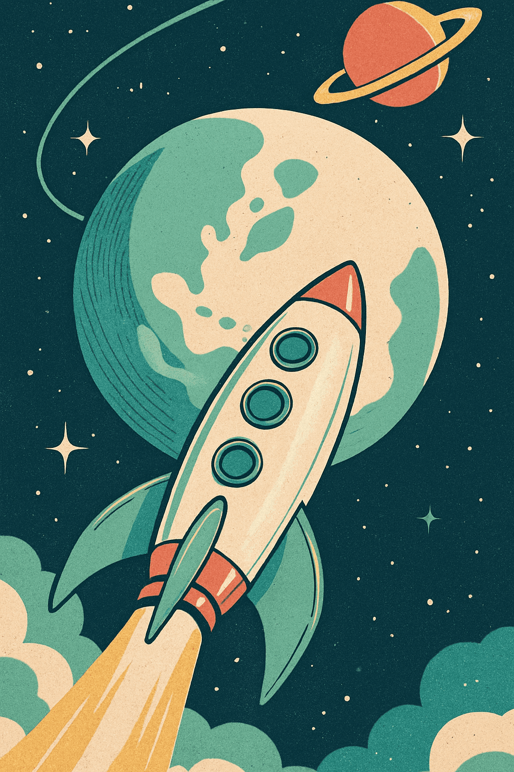 Illustration of a rocket blasting through space en route to other planets