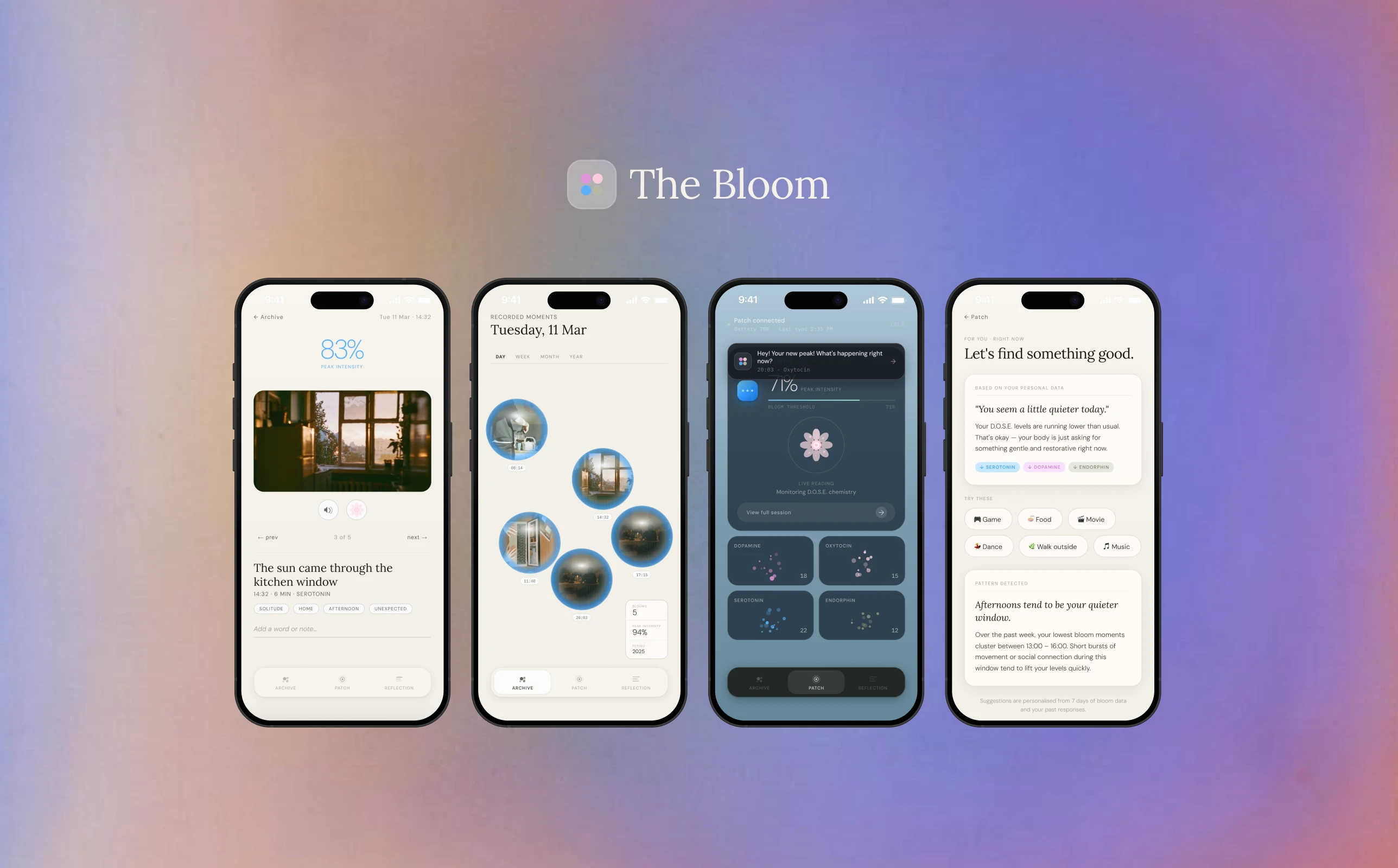 Hero image of the Bloom app including four screens: a happiness memory archive, a recorded moments timeline, a live biosensor dashboard visualizing D.O.S.E. neurochemicals , and a personalized recommendations screen