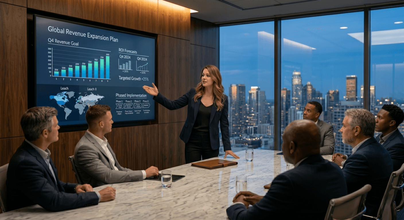 A lady in a suit giving a presentation in a boardroom with executives