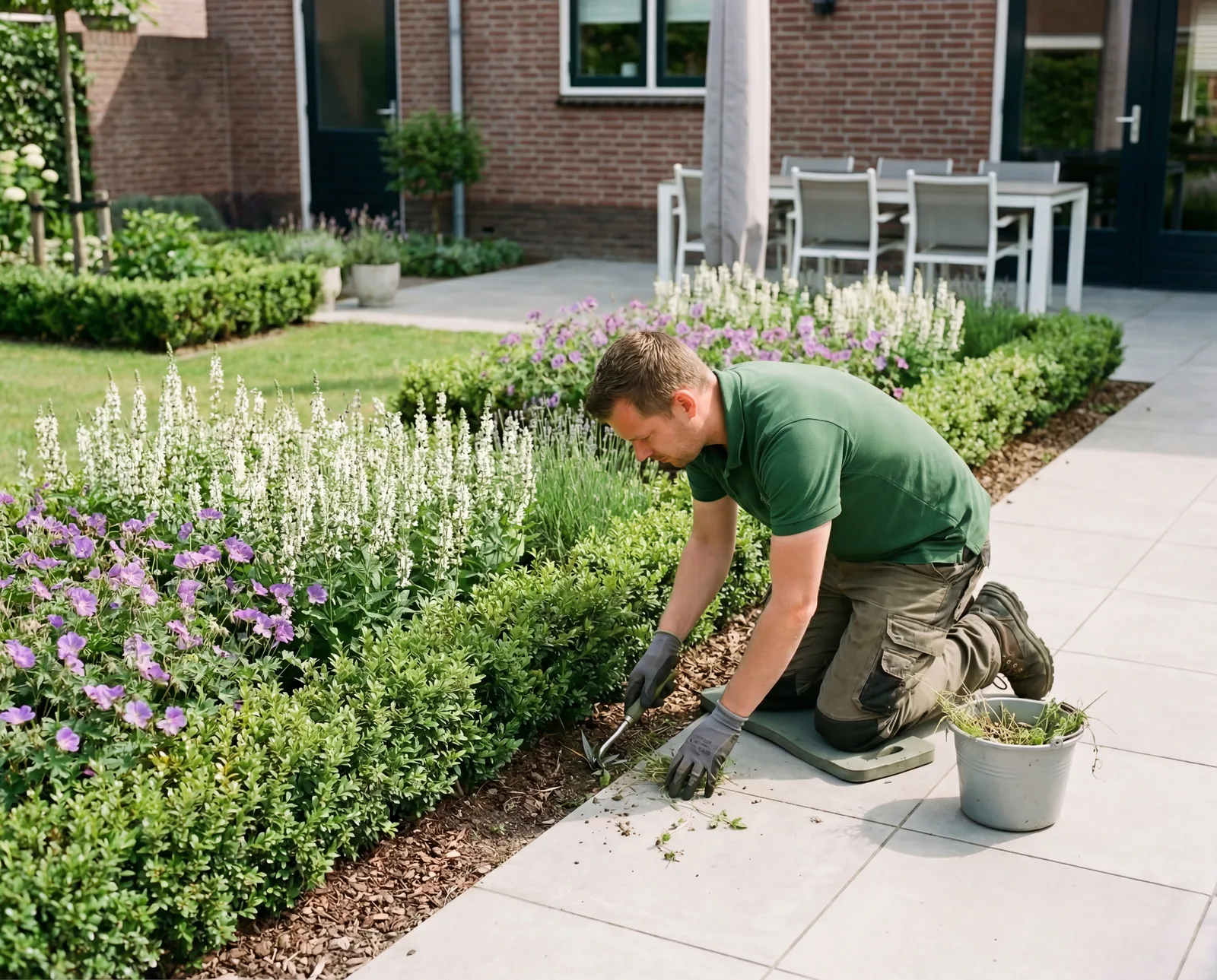 Tuinman verwijdert onkruid in een verzorgde particuliere tuin met bloembedden.
