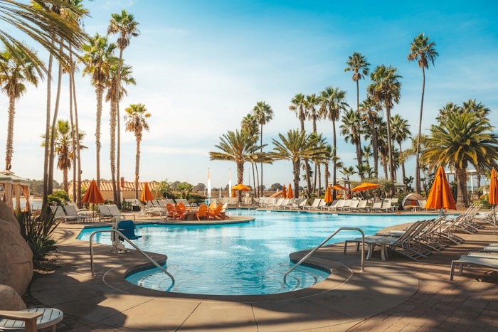 Luxury resort pool with palm trees