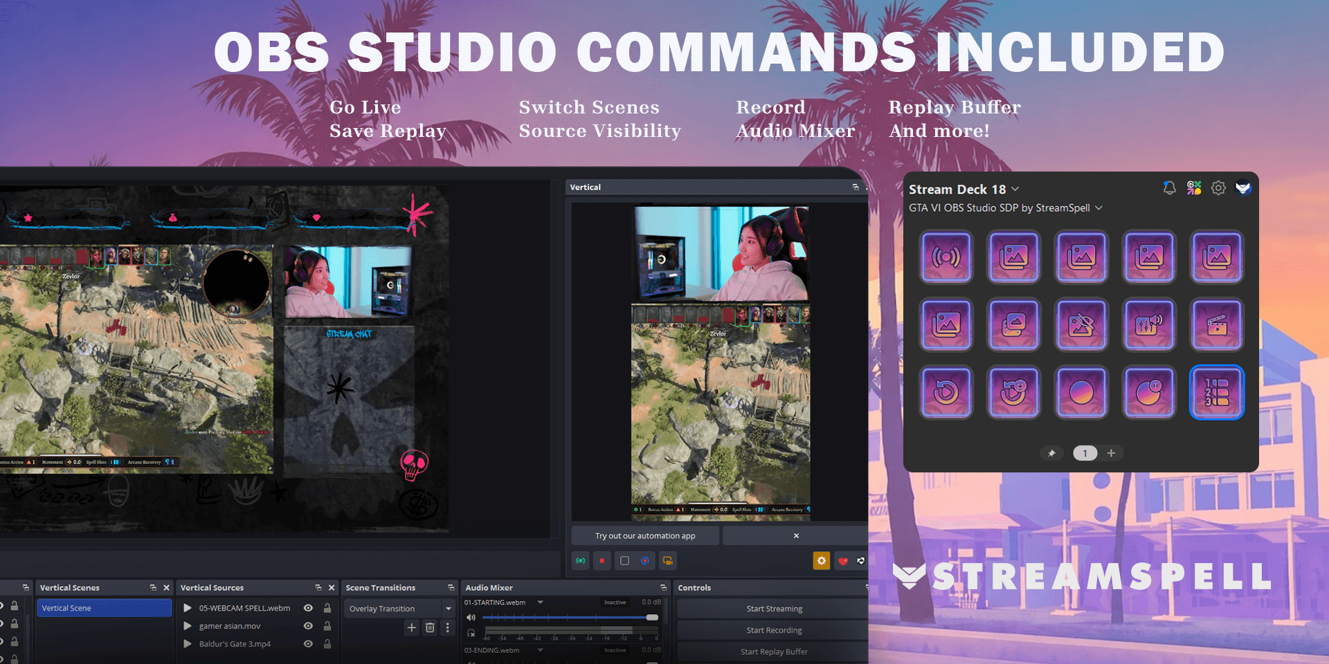 Animated GTA VI-inspired Stream Deck icons with toggle states for OBS Studio actions