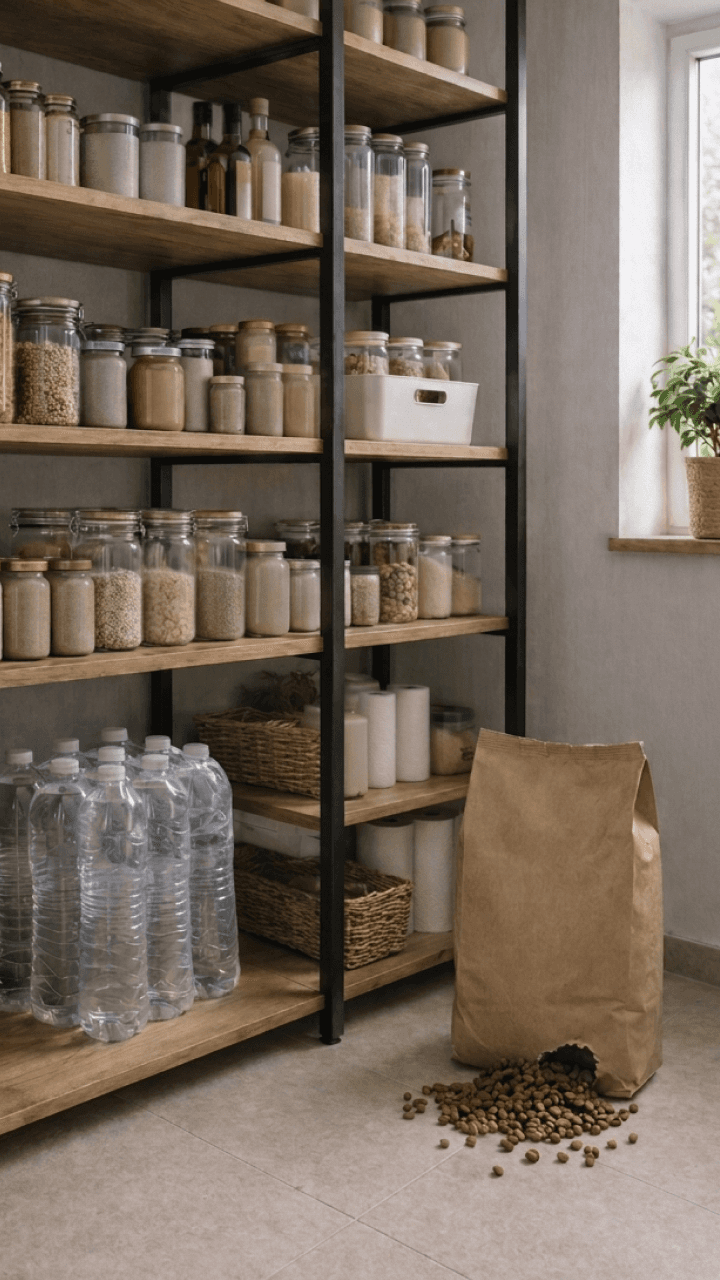 Étagères de garde-manger avec des provisions renversées au sol, signe de passage de rongeurs