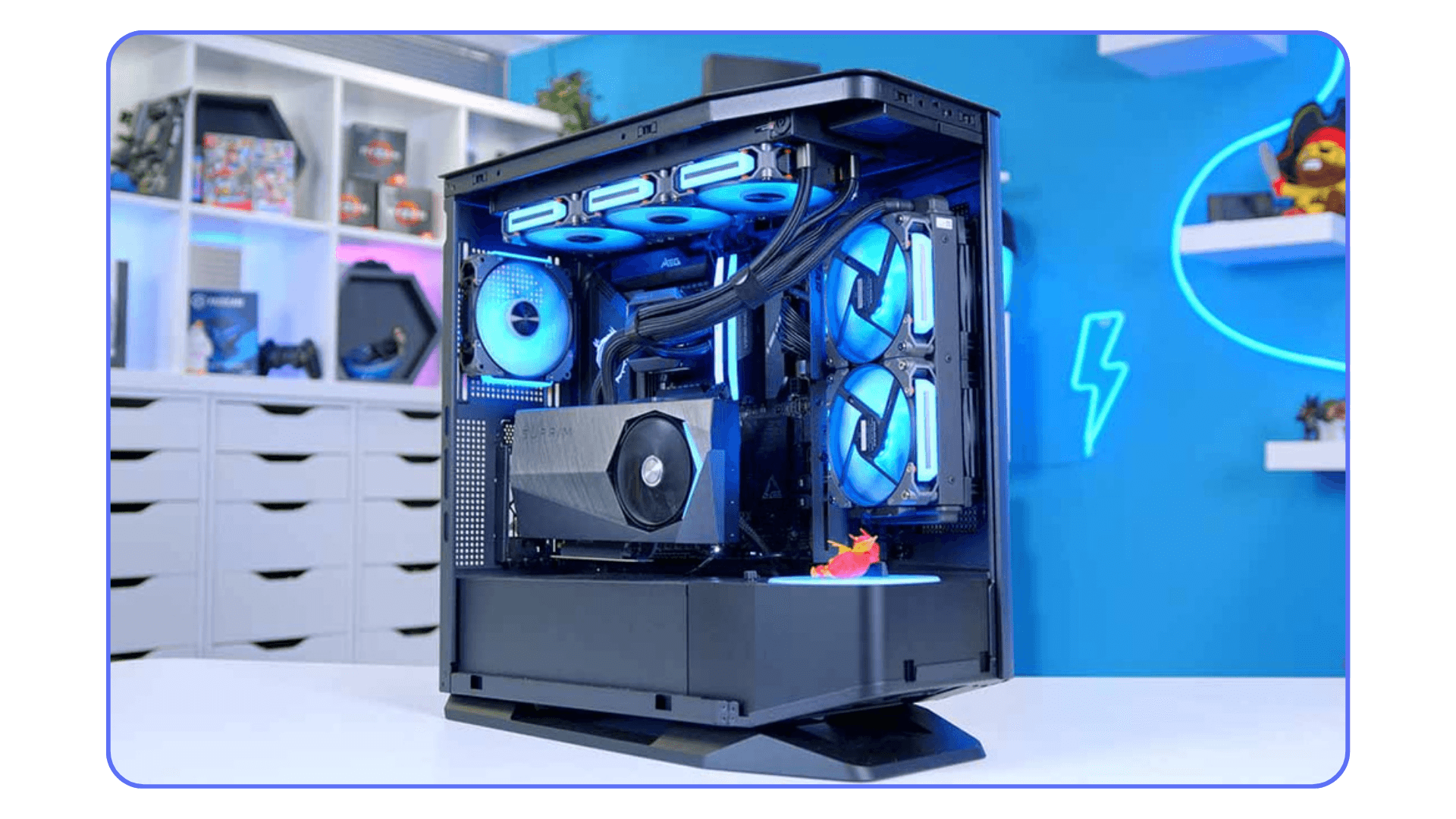 High-end custom Blender workstation with RTX GPU, liquid cooling, and RGB airflow setup