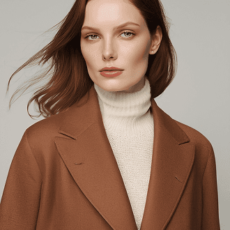 A woman dressed in a brown coat and turtle neck sweater, showcasing a stylish and warm winter outfit.