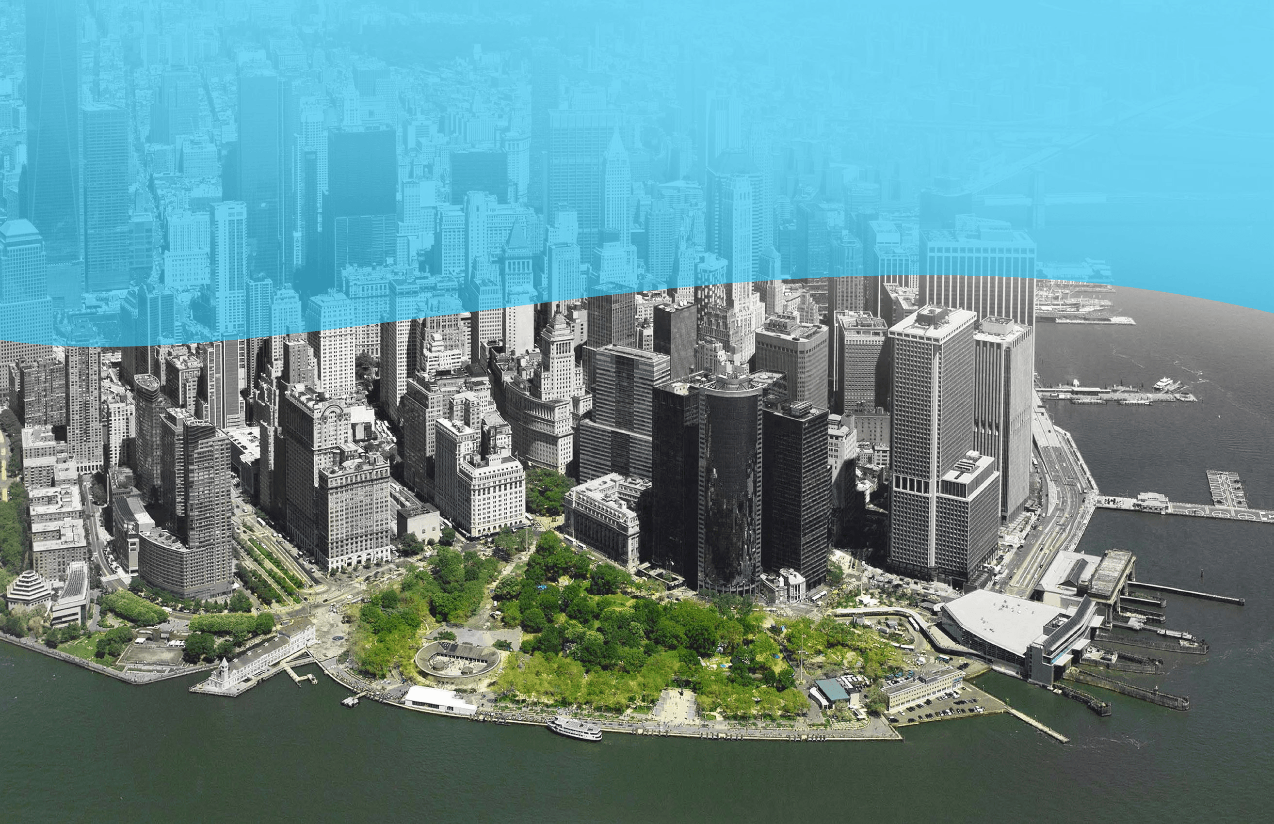 An aerial view of Lower Manhattan with a blue overlay on top of the image