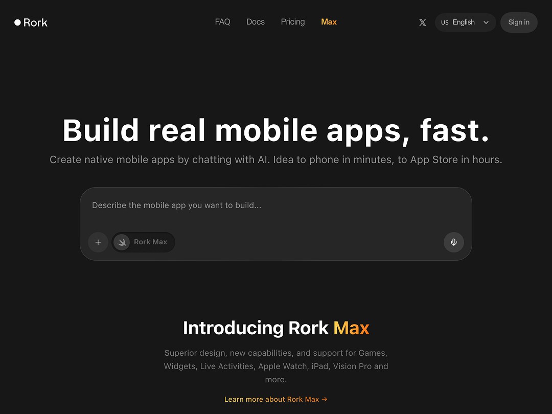 AI-powered mobile app creation platform with Rork Max capabilities.