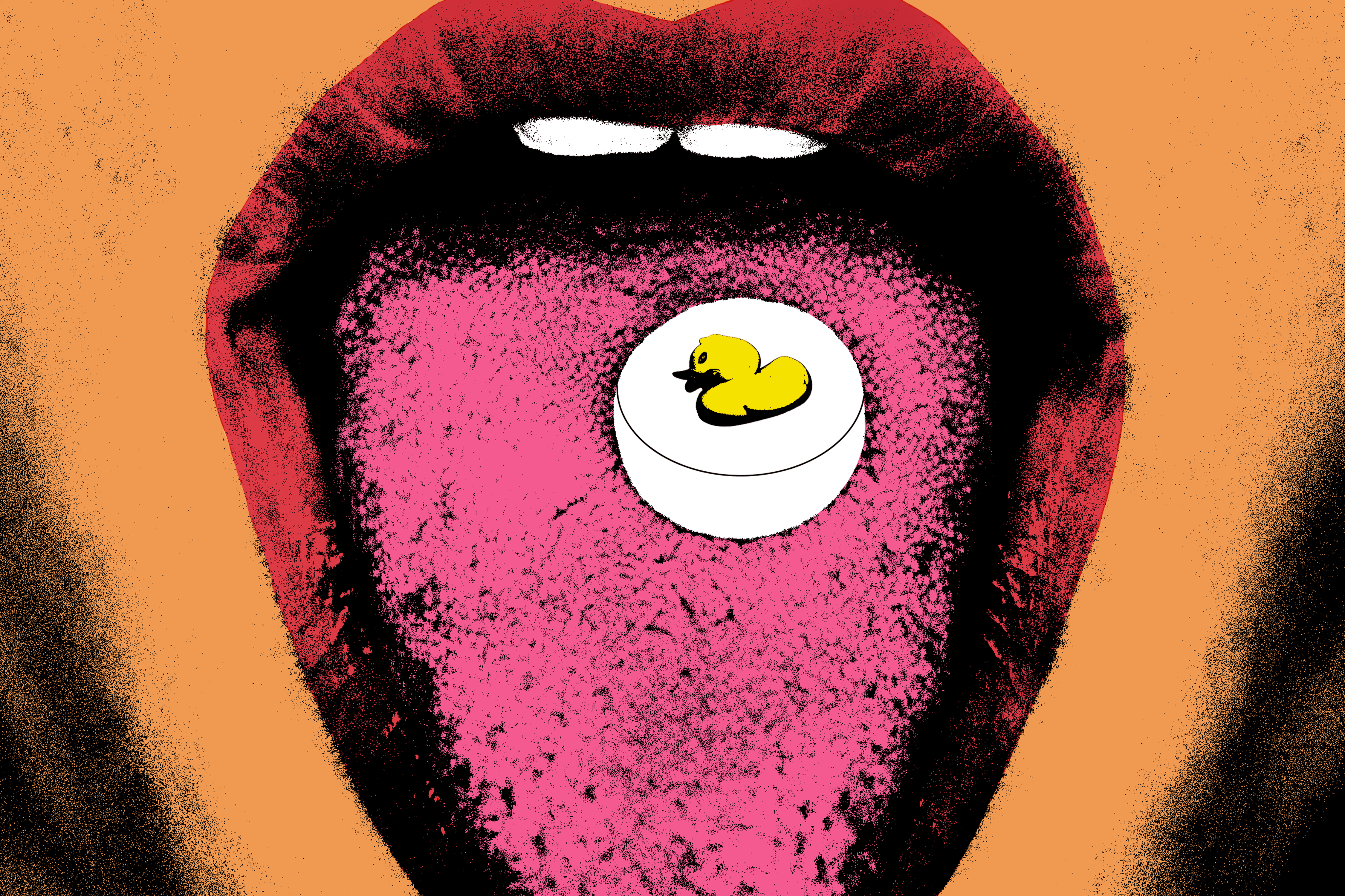 Stylized textured image of mouth and tongue with a white pill on it that has a rubber duck