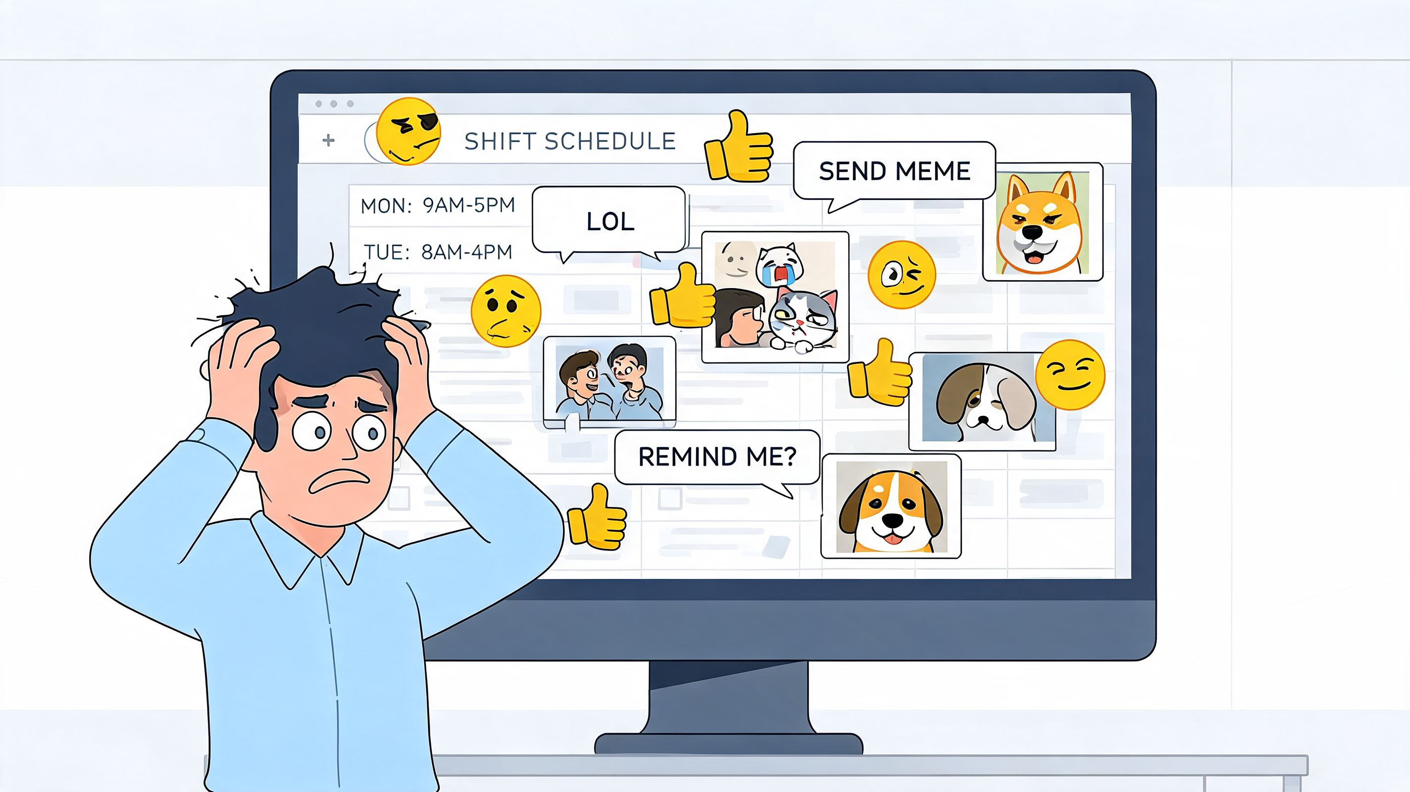A stressed employee feeling overwhelmed by too many messages and memes on a digital work schedule interface.