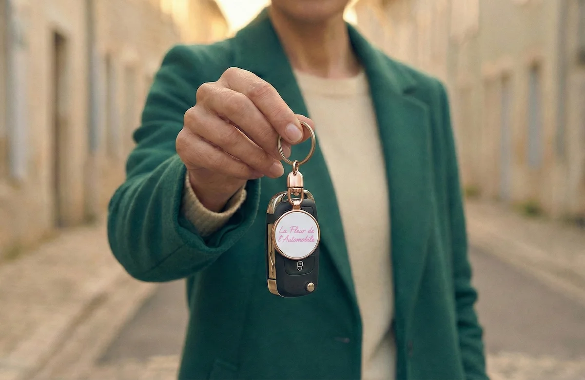 Une vendeuse de véhicule remettant ses clés à La Fleur de l'Automobile.