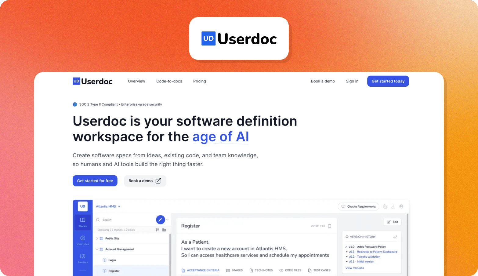 Userdoc homepage describing itself as a software definition workspace for the age of AI, with a preview of a user story interface