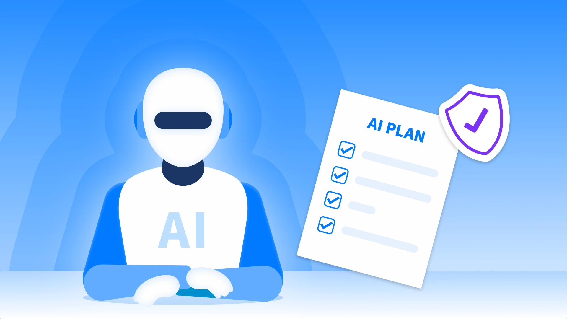 A checklist document titled "AI PLAN" marked with checkmarks and a cybersecurity shield next to an AI robot, illustrating a sustainable, structured approach to MSP technology strategy.