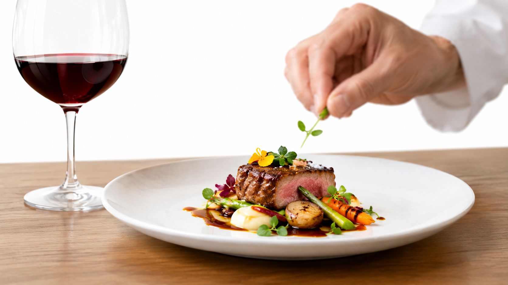 Un chef decora un suculento filete con verduras y una copa de vino tinto al lado.