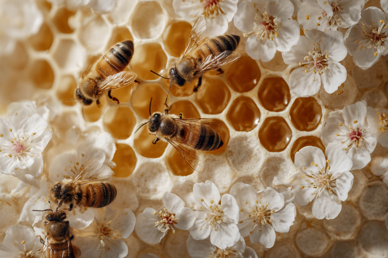 Nahaufnahme von einer Honigwarbe mit Honigbienenund weißen Blüten.
