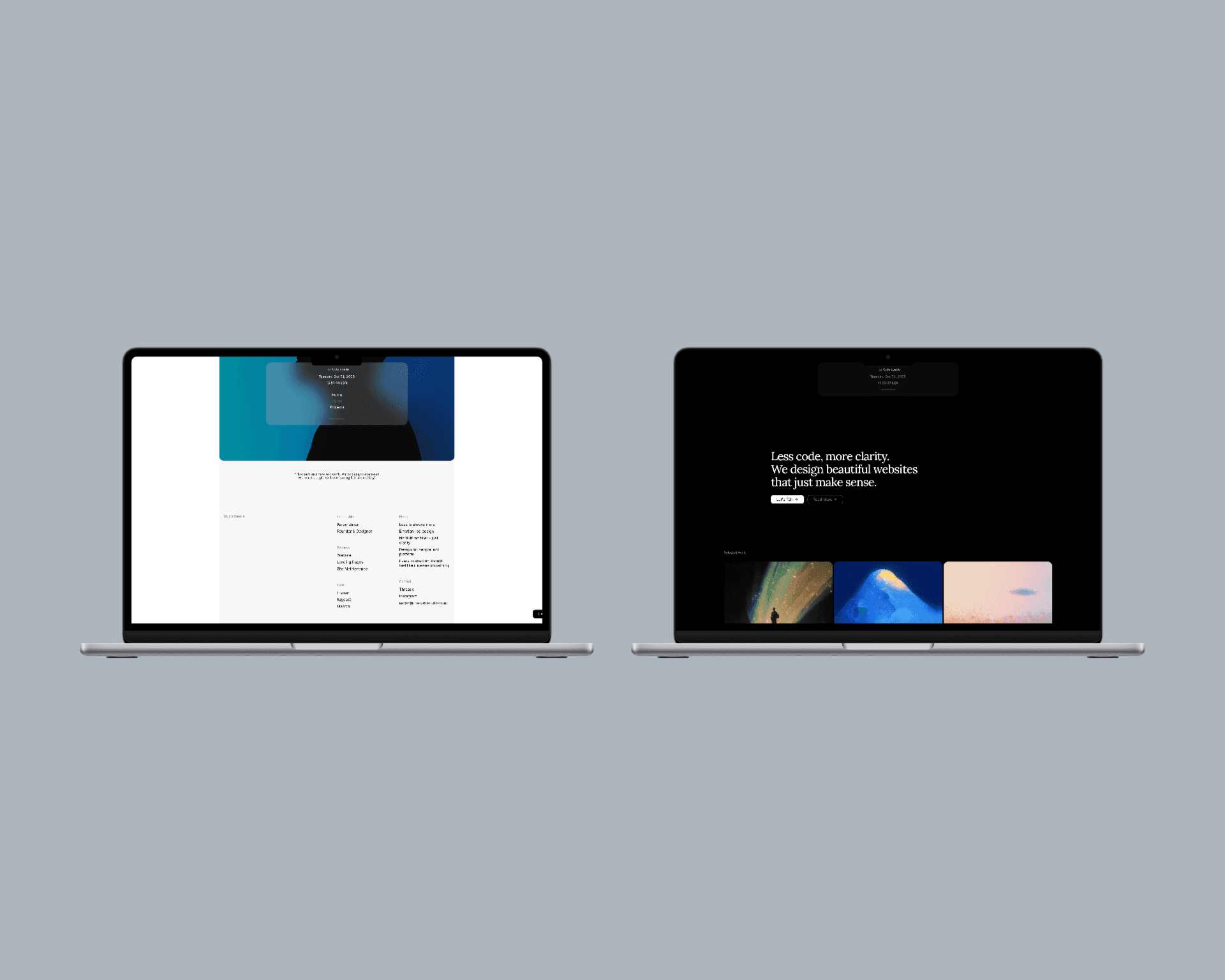 Laptop mockup of The Kudo Studio minimalist website design, showcasing clean typography and a no-code web design layout.