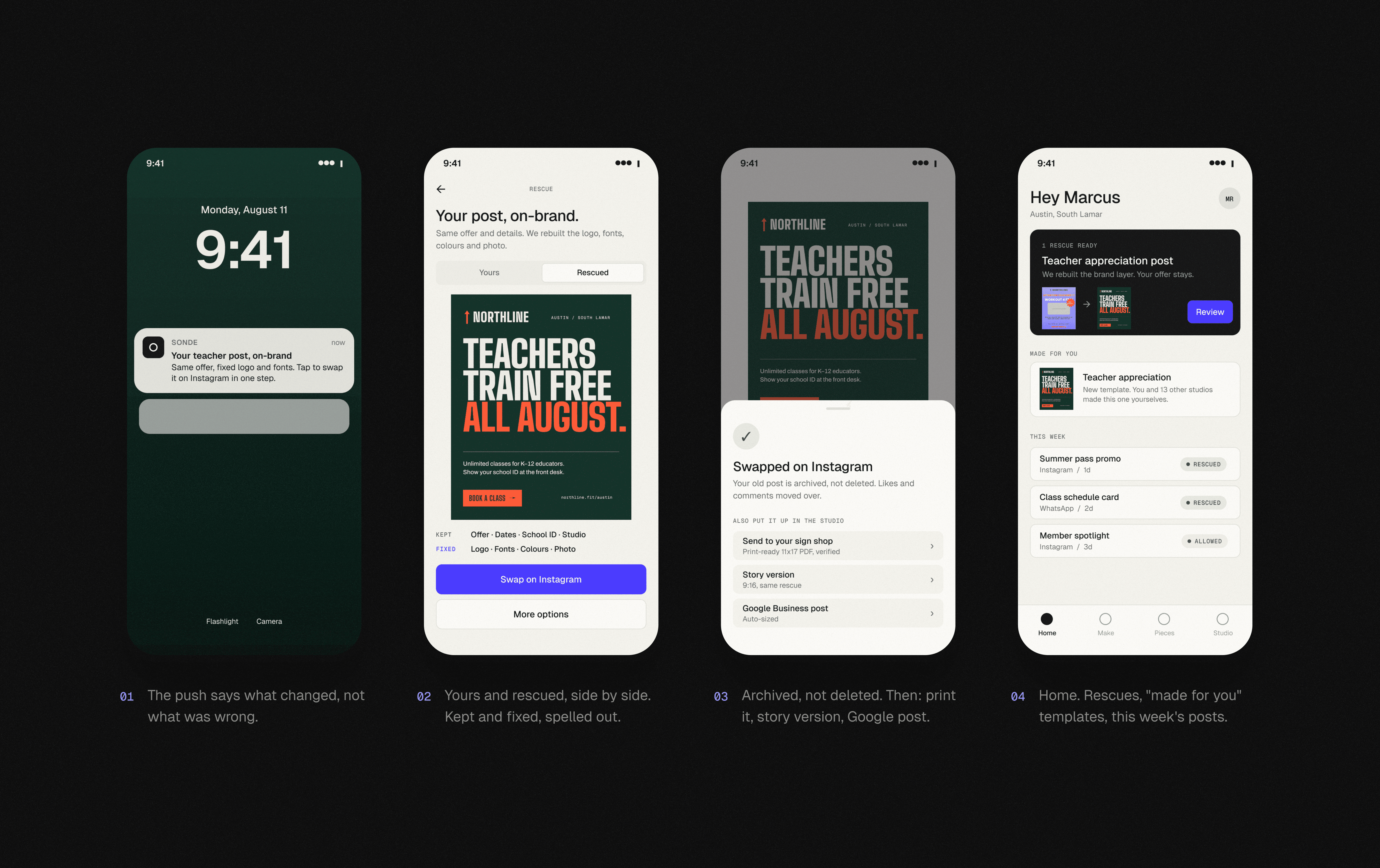 Four iOS screens of the Sonde owner app: a lock screen push, the rescued post compared with the original, the swapped-on-Instagram confirmation, and the home screen.