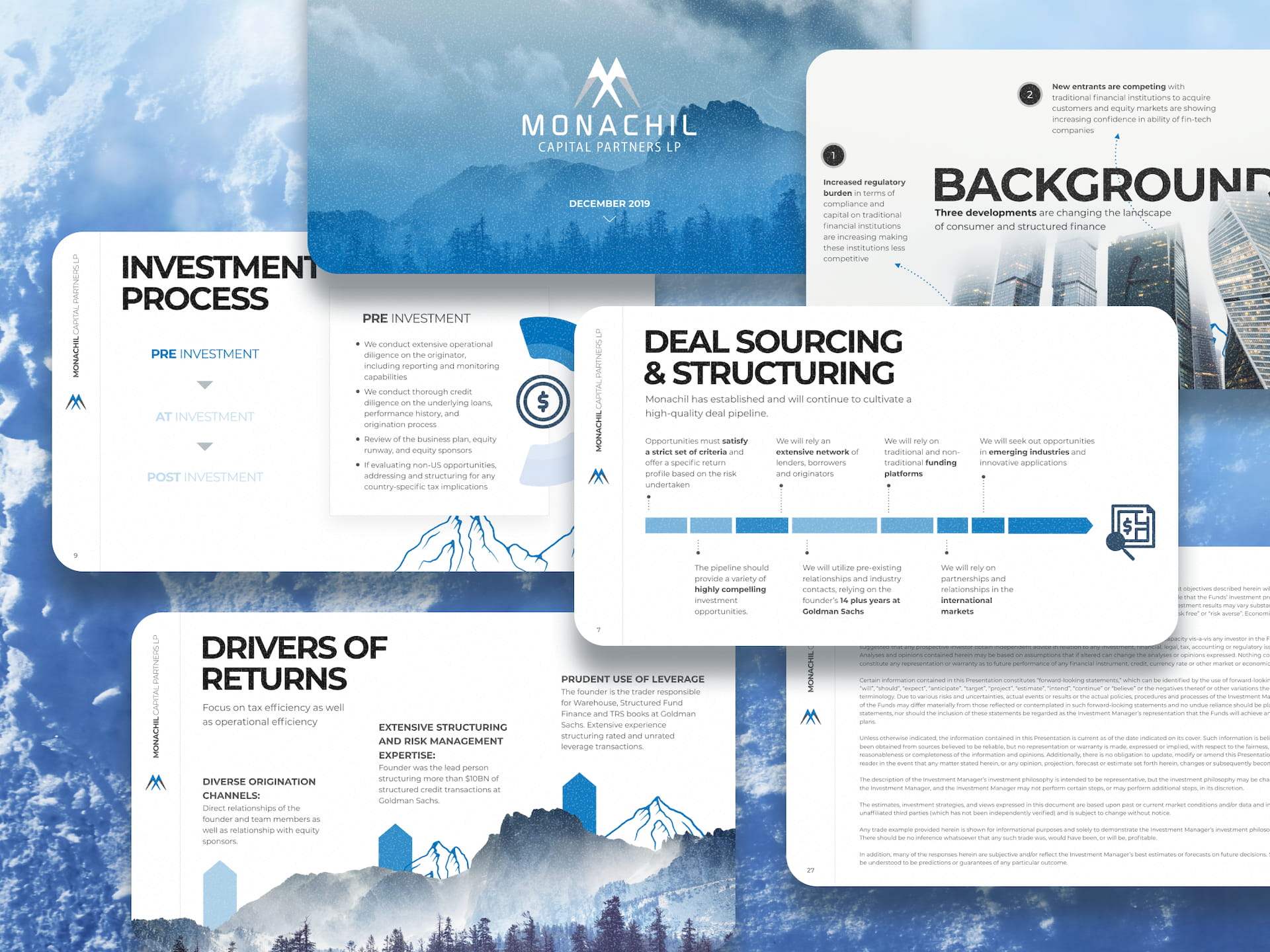 Monachil Capital Partners pitch deck design collage showing multiple presentation slides including cover page with mountain logo, investment process diagram, deal sourcing and structuring timeline, drivers of returns with mountain landscape illustration, and background market trends with city skyline imagery