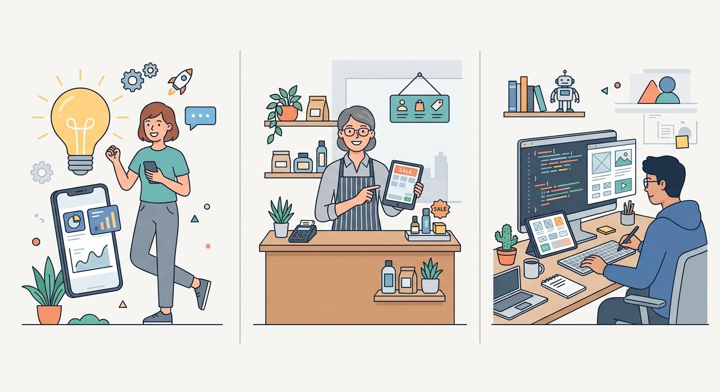 Three scenes: a startup founder with a lightbulb, a shop owner with a tablet, and a developer at a desk