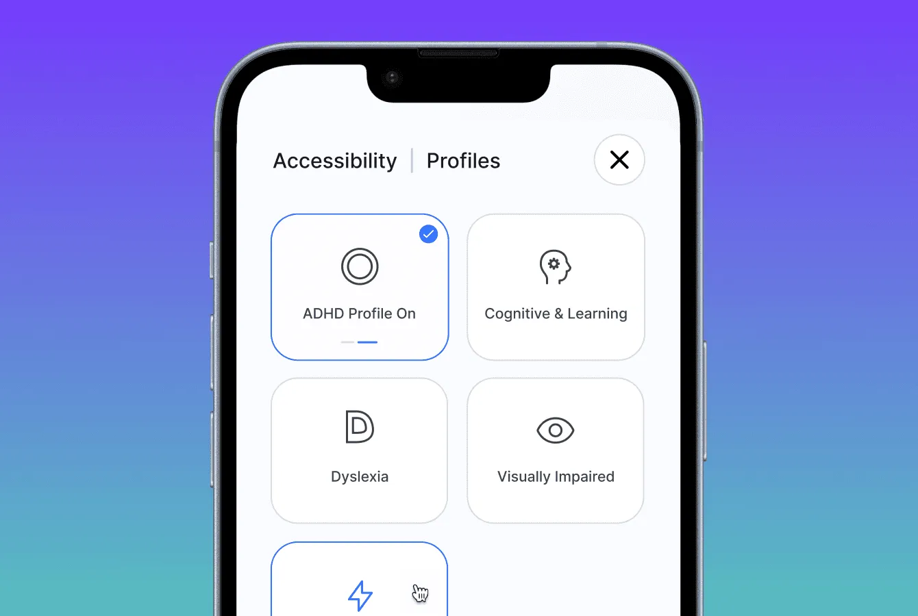 Accessibility Profiles screen shown on a mobile phone against a gradient background