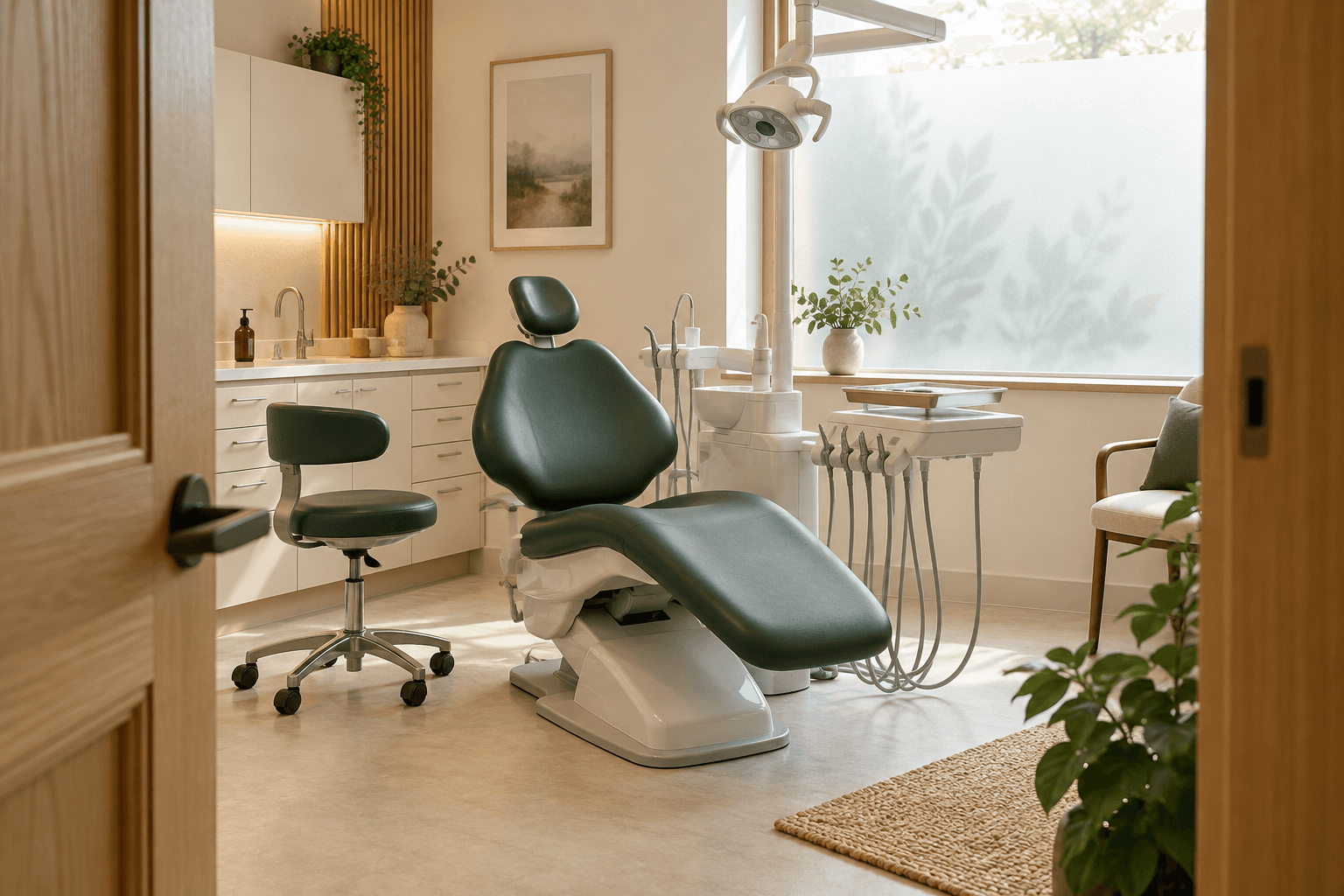 An empty green dental chair in a calm, sunlit treatment room