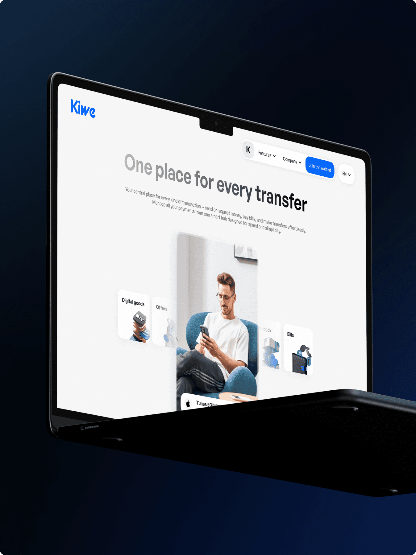 Kiwe Bank app hero screen — "Money's New Best Friend" with mobile and card mockup