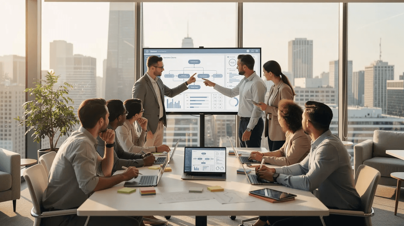 Ein B2B-Team arbeitet in einem modernen Büro an der Optimierung digitaler Prozesse, um die Effizienz von Vertriebs- und Marketingkampagnen zu steigern. Dabei nutzen sie Tools wie HubSpot für Lead Management und Marketing Automation, um die Kundenbeziehungen im B2B-Bereich zu verbessern.