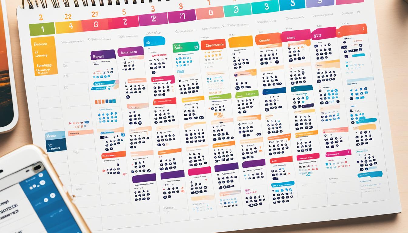 Create an image featuring a calendar with Instagram logos on it, highlighting different times of day and days of the week. The calendar should be surrounded by colorful and eye-catching graphics to represent the importance of consistent and optimal posting. Show different types of content, such as photos and videos, being scheduled in advance for maximum engagement. The overall tone should be professional and organized to emphasize the importance of strategic planning for successful Instagram marketing.