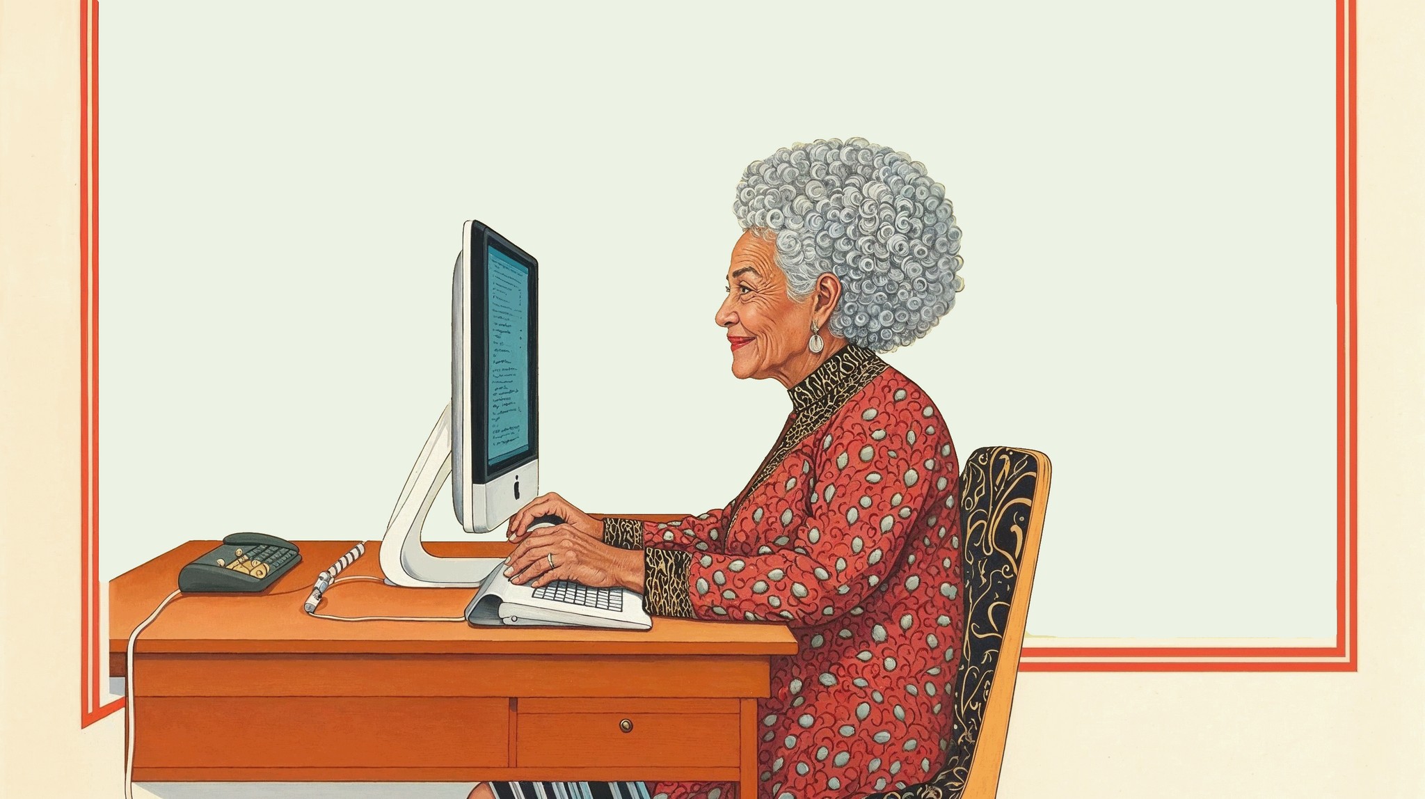 An illustration of an older woman sitting at her computer filling out a contact form