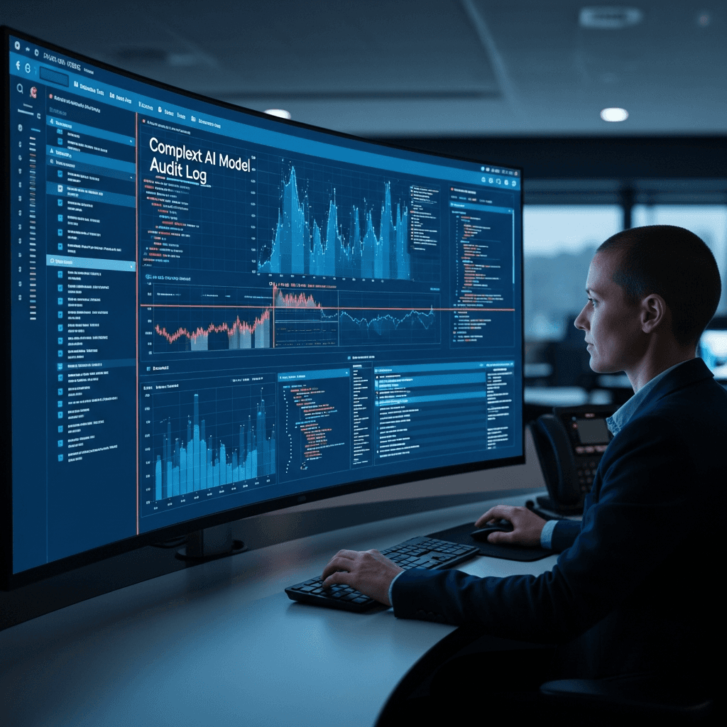 Editorial photograph of a secure, modern government operations center. In the foreground, a compliance officer at a console is reviewing a complex AI model's audit log visualized on a large, high-resolution screen. The room is calm and well-lit with natural light. The color palette is dominated by deep blues (#1F3B5B) and clean off-whites (#F5F2EC), with accents of dark neutrals (#20242B). The upper-left third of the image has negative space suitable for text overlay. Aspect ratio 16:9. Photorealistic, no text, no logos.