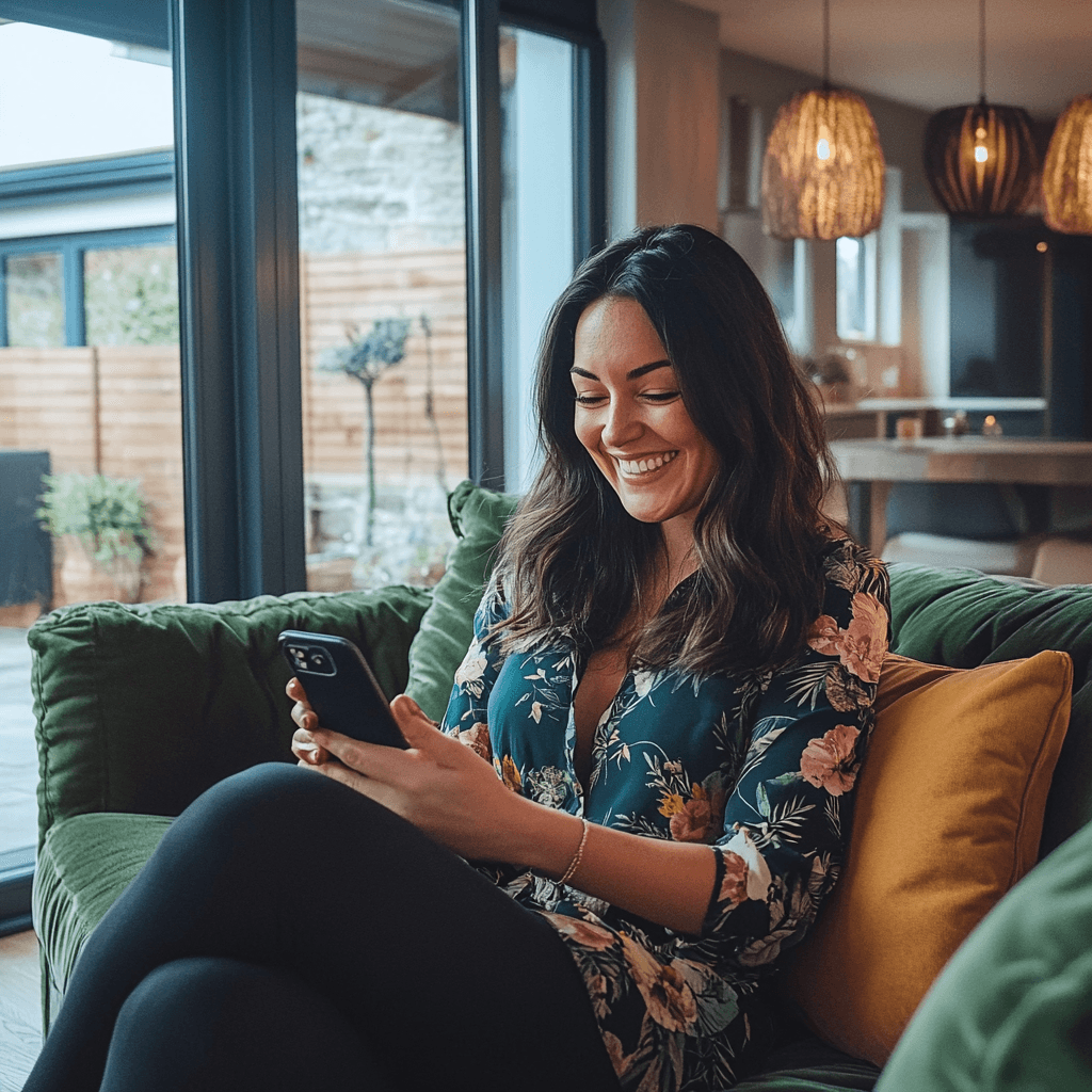 a lady looking at interactive content on her phone and smiling