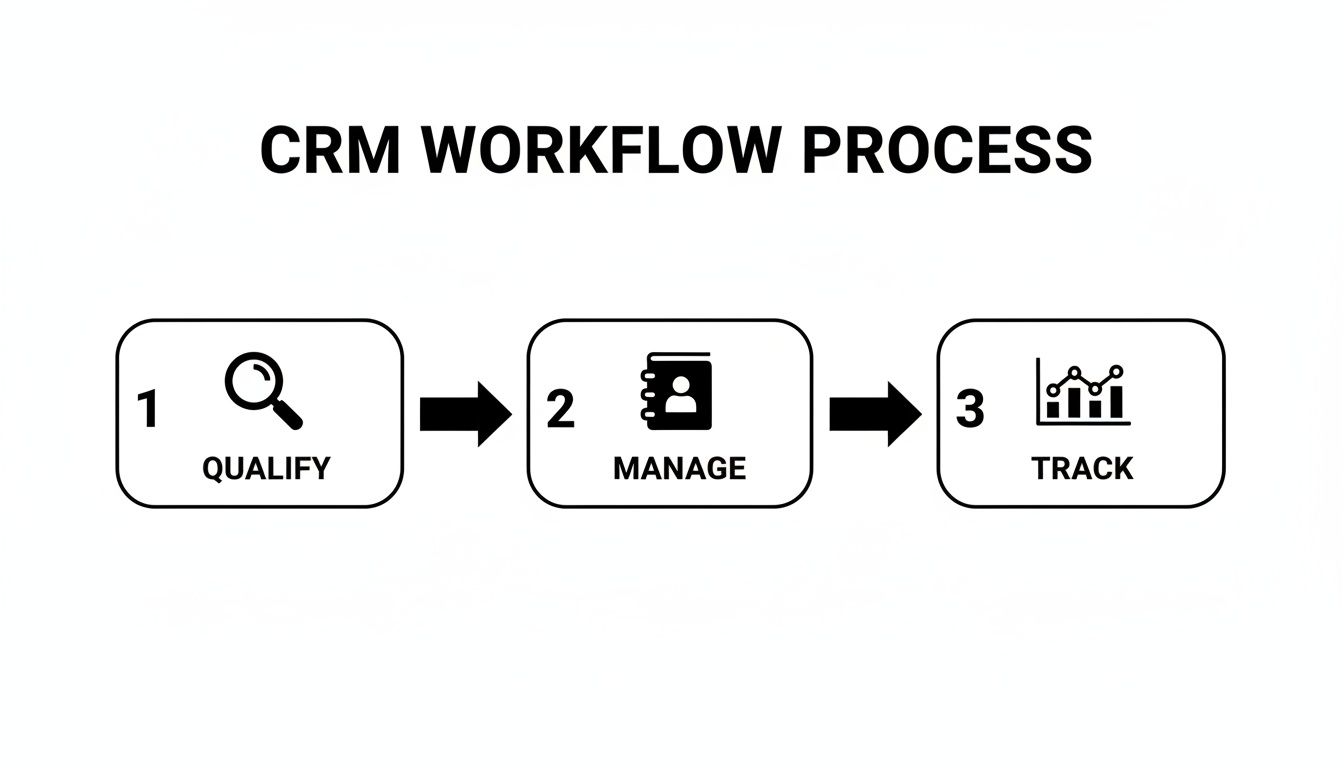 A CRM workflow process diagram illustrating three sequential steps: Qualify, Manage, and Track.