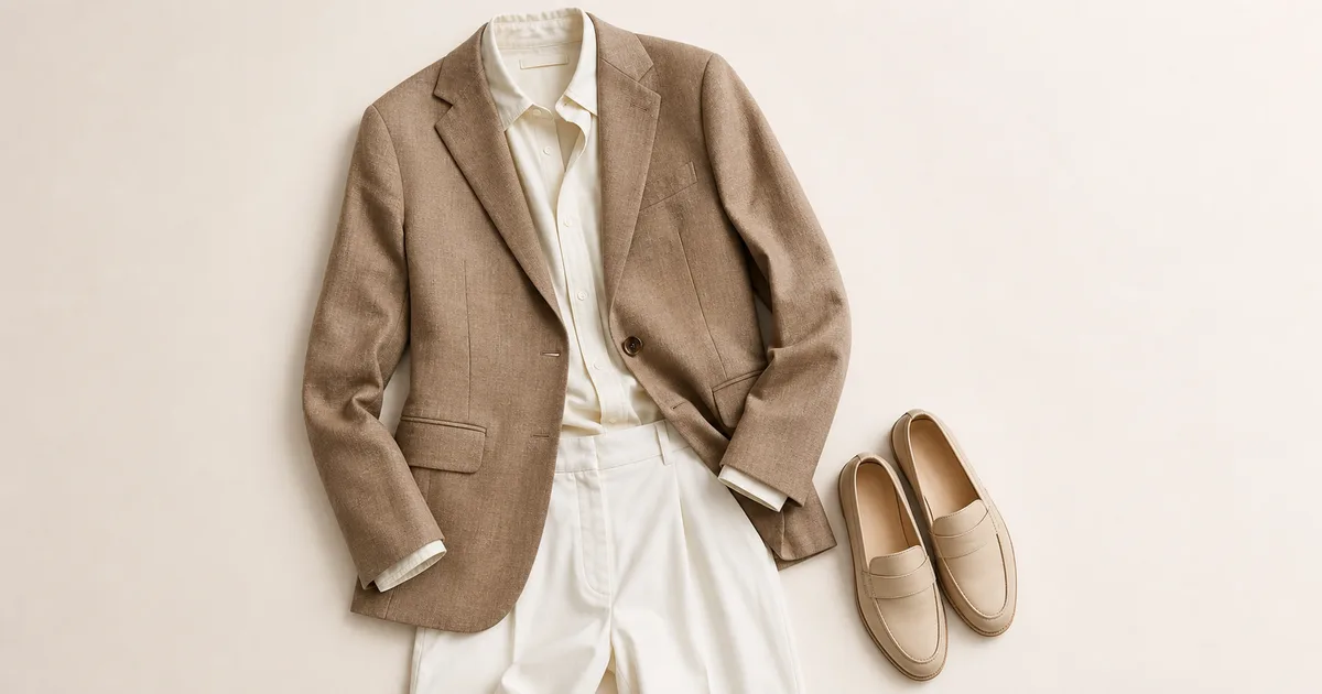Hero garment beside a phone showing a matching outfit for closet inventory on a warm ivory background