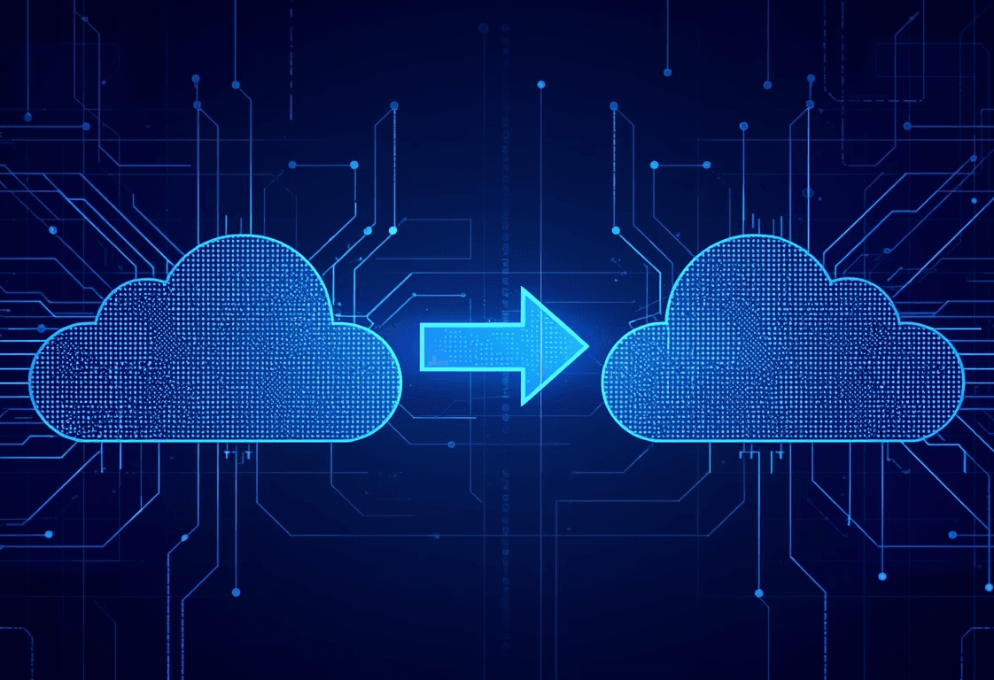 Cloud migration diagram showing data transfer from one cloud system to another via arrow on digital circuit background.