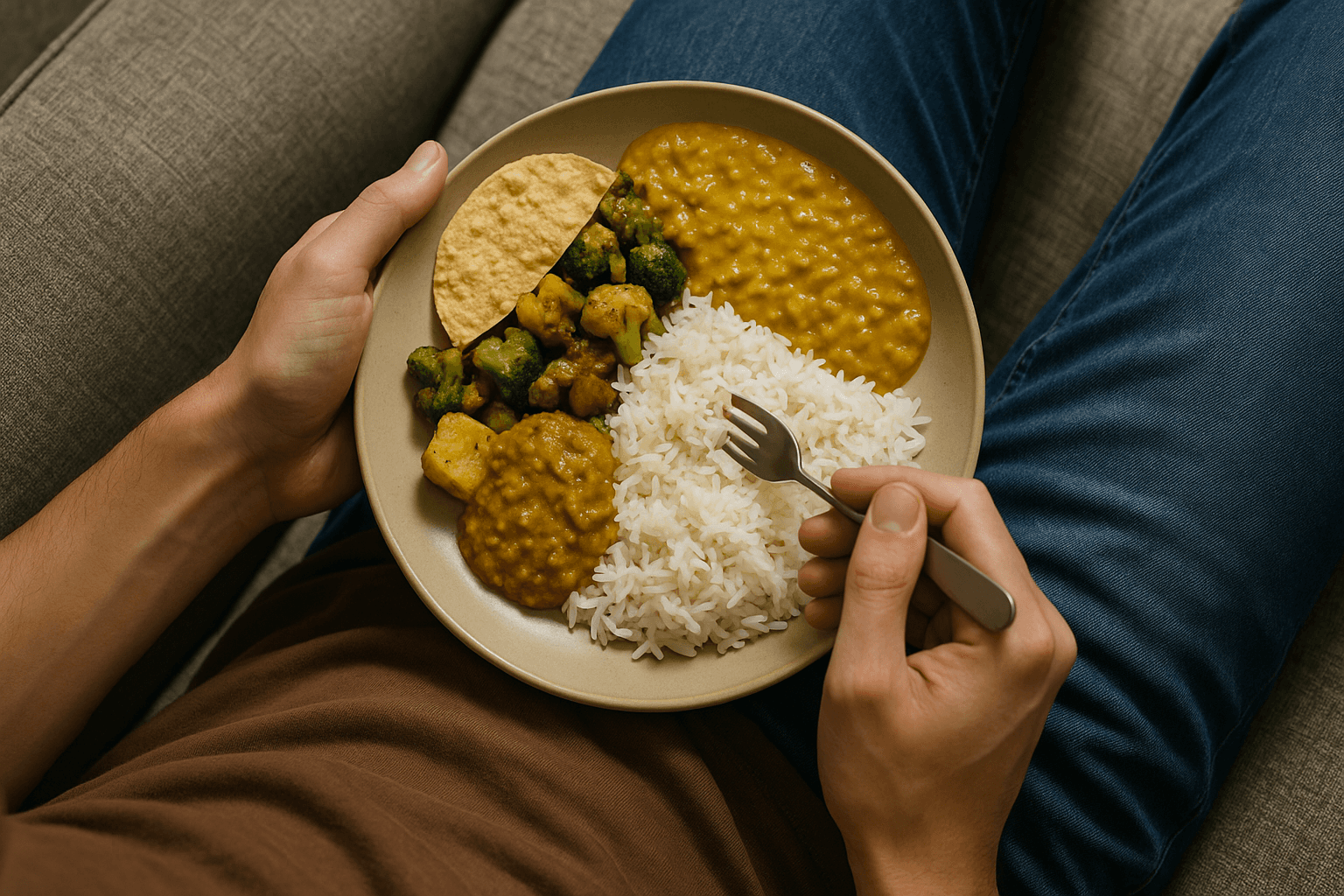 Person holding a plate with rice, dal, sabzi, and papad – representing fresh home-style daily meals by Skope Kitchens. - Daily Meals