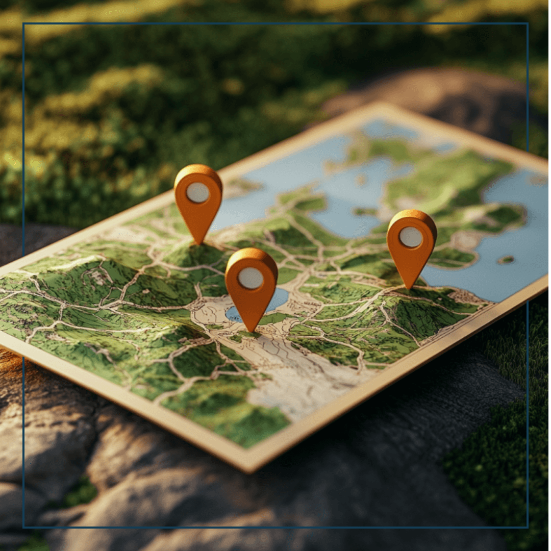 Hand mit Handy und Kompassapp, ein Schiff im Hintegrund