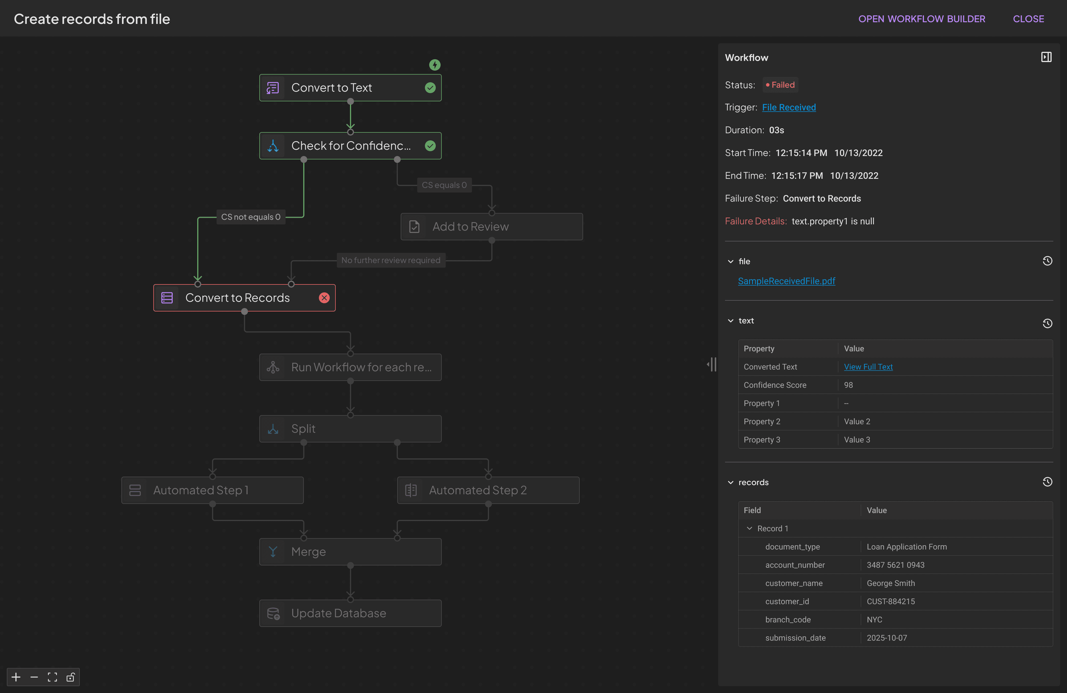Workflow map showing failed step marked in red with error info