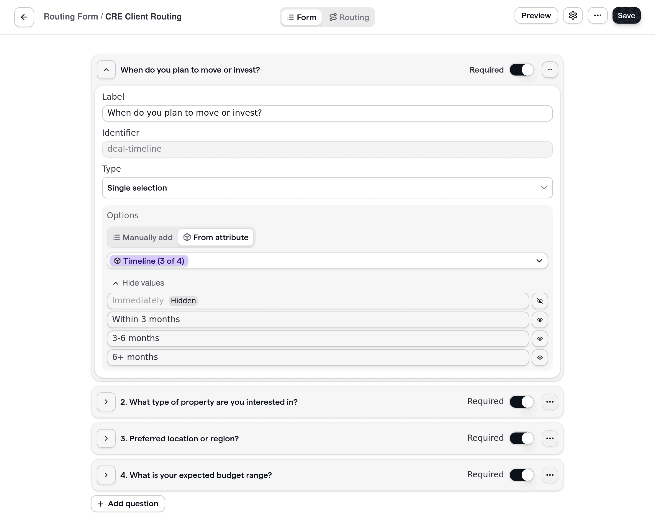 Cal.com routing form showcasing the creation of a customizable form with dynamic questions for commercial real estate client intake. The form allows users to define options and mark certain fields as required, demonstrating how to build a flexible routing form for property inquiries.