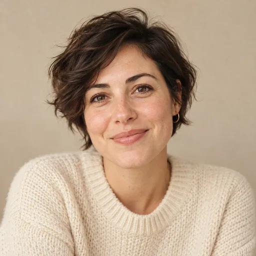 Portrait of Sasha Reyes, a smiling designer in a cream sweater