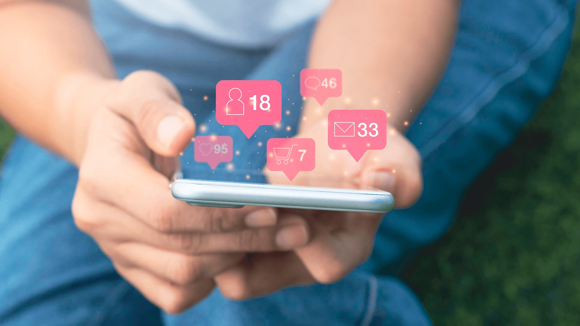 a person holding a phone opening social media platform and there are user icon, message icon, comment icon, like icon, and check out icon above the phone