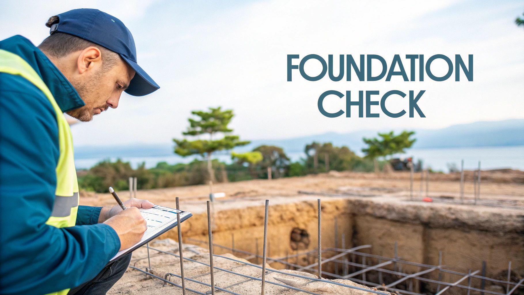 A construction worker in a safety vest inspects a building foundation, writing on a clipboard.