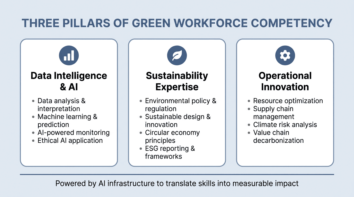 Three pillars of green workforce competency: Data Intelligence and AI, Sustainability Expertise, and Operational Innovation
